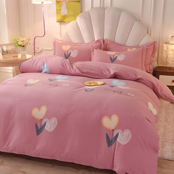 91家纺网 家纺一手货源 找家纺 简如   2025新款全棉磨毛印花四件套 浅影落香-粉