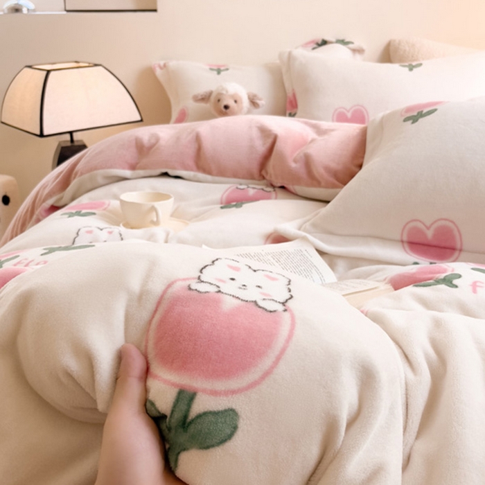 91家纺网 家纺一手货源 找家纺 宅部落 2023新款高克重牛奶绒四件套 郁金香小兔