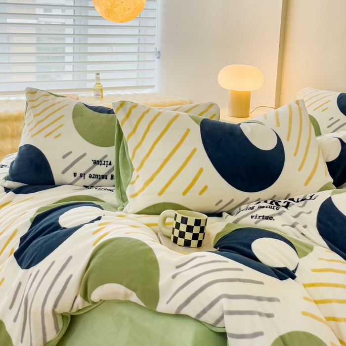 91家纺网 家纺一手货源 找家纺 木堇家居 2023新款牛奶绒印花四件套 极简绿