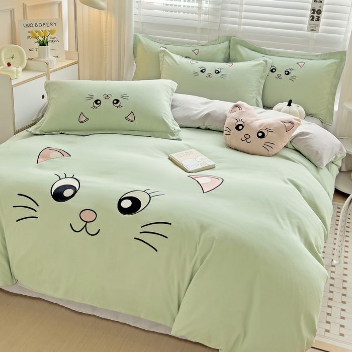 91家纺网 家纺一手货源 找家纺 娜娜 2023新款亲肤柔软水洗磨毛毛巾绣四件套-咪咪猫 咪咪猫-灰绿