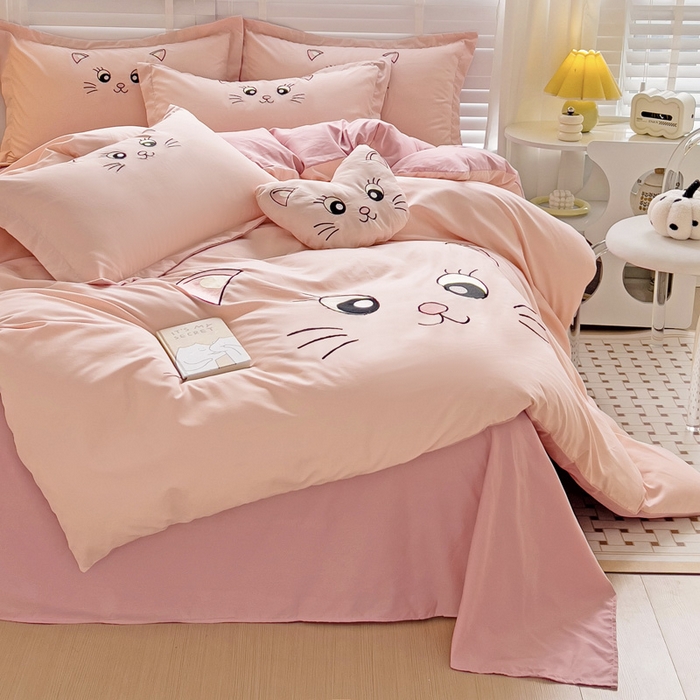 91家纺网 家纺一手货源 找家纺 娜娜 2023新款亲肤柔软水洗磨毛毛巾绣四件套-咪咪猫 咪咪猫-豆粉