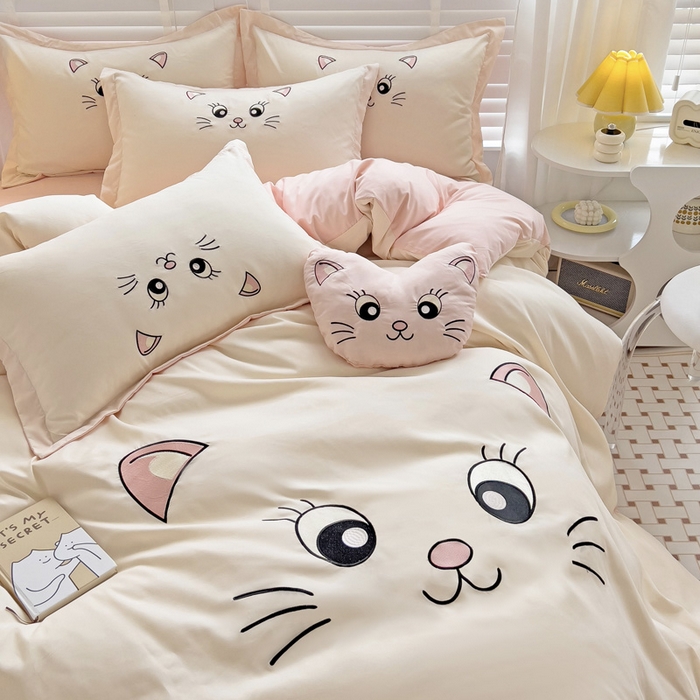 91家纺网 家纺一手货源 找家纺 娜娜 2023新款亲肤柔软水洗磨毛毛巾绣四件套-咪咪猫 咪咪猫-奶昔白