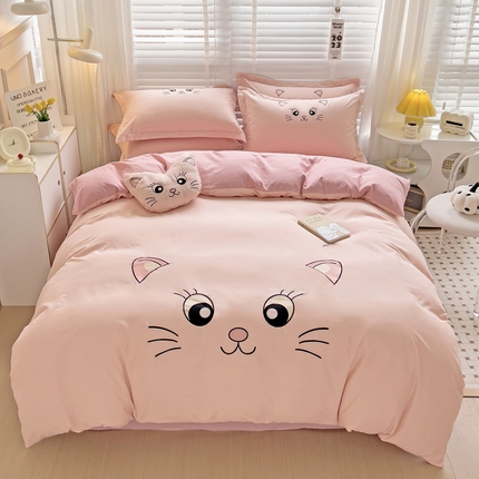 娜娜 2023新款亲肤柔软水洗磨毛毛巾绣四件套-咪咪猫 咪咪猫-豆粉