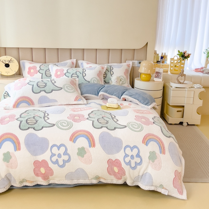 91家纺网 家纺一手货源 找家纺 2023新款立体6D雪花绒加厚保暖系列单枕套 48x74cm一对 七彩恐龙