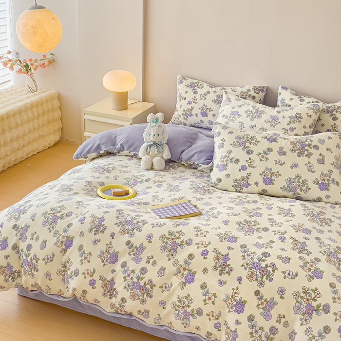 91家纺网 家纺一手货源 找家纺 木堇家居 2023新款牛奶绒印花四件套 紫薇