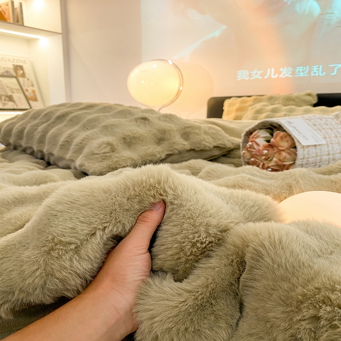 91家纺网 家纺一手货源 找家纺 澳梵家居 2023舒芙蕾印花兔兔绒牛奶绒四件套 舒芙蕾-豆荚绿