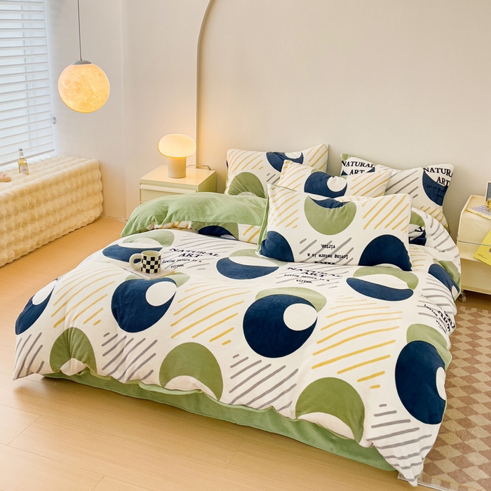 91家纺网 家纺一手货源 找家纺 木堇家居 2023新款牛奶绒印花四件套 极简绿