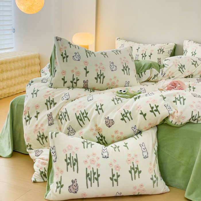 91家纺网 家纺一手货源 找家纺 木堇家居 2023新款牛奶绒印花四件套 呆萌兔