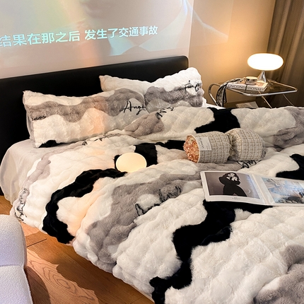 澳梵家居 2023舒芙蕾印花兔兔绒牛奶绒四件套 海上银沙