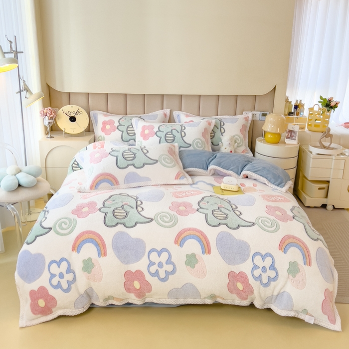 91家纺网 家纺一手货源 找家纺 2023新款立体6D雪花绒加厚保暖系列单枕套 48x74cm一对 七彩恐龙