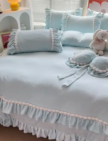 91家纺网 家纺一手货源 找家纺 言熙居 2023直播爆款高克重韩版纯色牛奶绒法莱绒小清新四件套 珍珠-天蓝