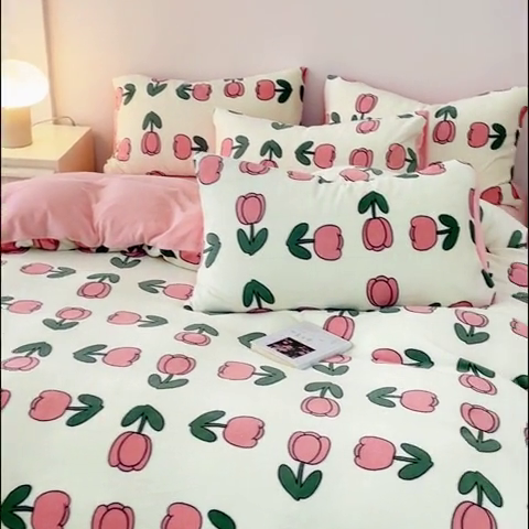 91家纺网 家纺一手货源 找家纺 木堇家居 2023新款牛奶绒印花四件套 粉郁金香