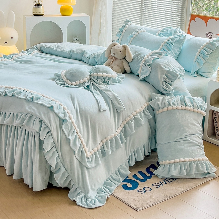 91家纺网 家纺一手货源 找家纺 言熙居 2023直播爆款高克重韩版纯色牛奶绒法莱绒小清新四件套 珍珠-天蓝