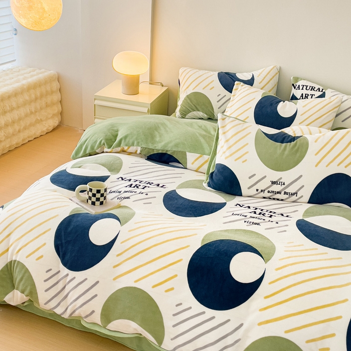 91家纺网 家纺一手货源 找家纺 木堇家居 2023新款牛奶绒印花四件套 极简绿