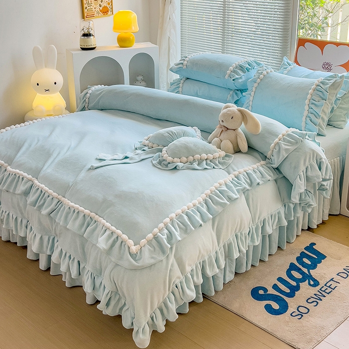 91家纺网 家纺一手货源 找家纺 言熙居 2023直播爆款高克重韩版纯色牛奶绒法莱绒小清新四件套 珍珠-天蓝