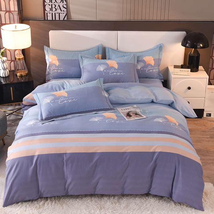 91家纺网 家纺一手货源 找家纺 简如   2025新款全棉磨毛印花四件套 若雨千叶-蓝