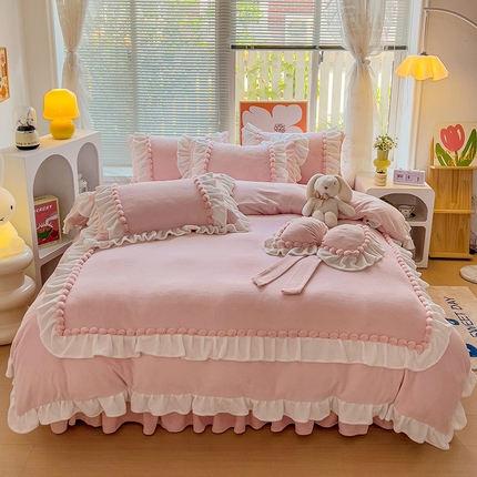 言熙居 2024直播爆款9斤重高克重韩版纯色牛奶绒法莱绒小清新四件套 珍珠-浅粉