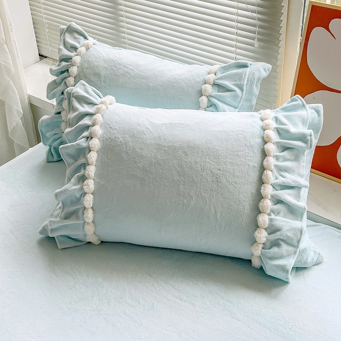 91家纺网 家纺一手货源 找家纺 言熙居 2023直播爆款高克重韩版纯色牛奶绒法莱绒小清新四件套 珍珠-天蓝