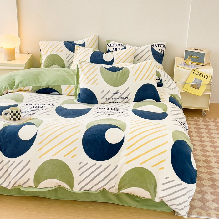 91家纺网 家纺一手货源 找家纺 木堇家居 2023新款牛奶绒印花四件套 极简绿