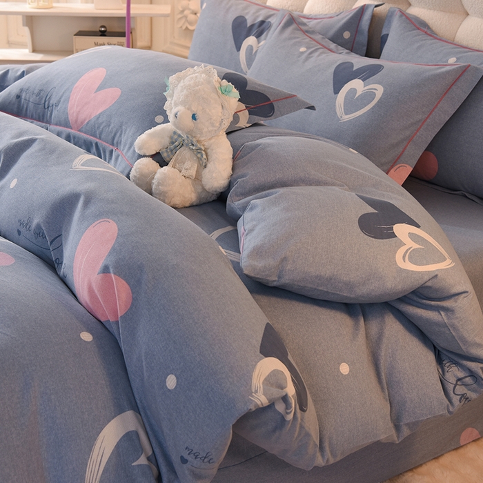 91家纺网 家纺一手货源 找家纺 简如   2025新款全棉磨毛印花四件套 心动连连-蓝