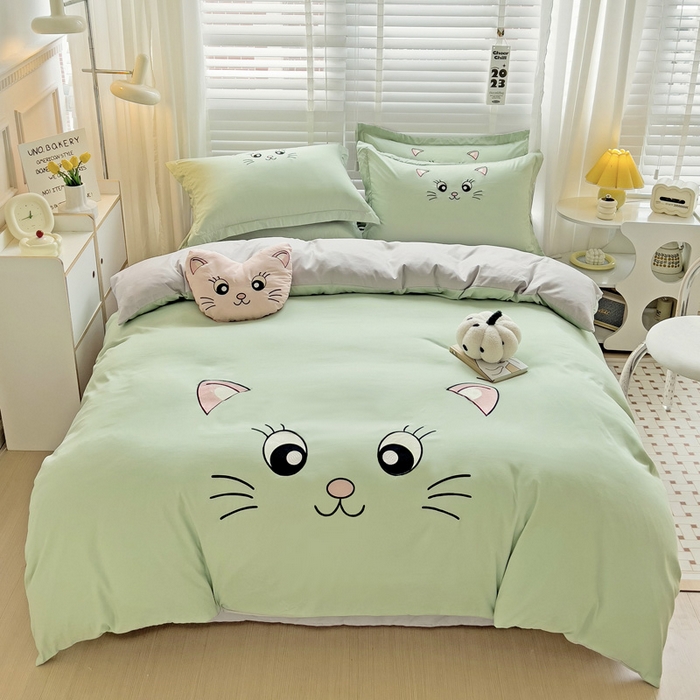 91家纺网 家纺一手货源 找家纺 娜娜 2023新款亲肤柔软水洗磨毛毛巾绣四件套-咪咪猫 咪咪猫-灰绿