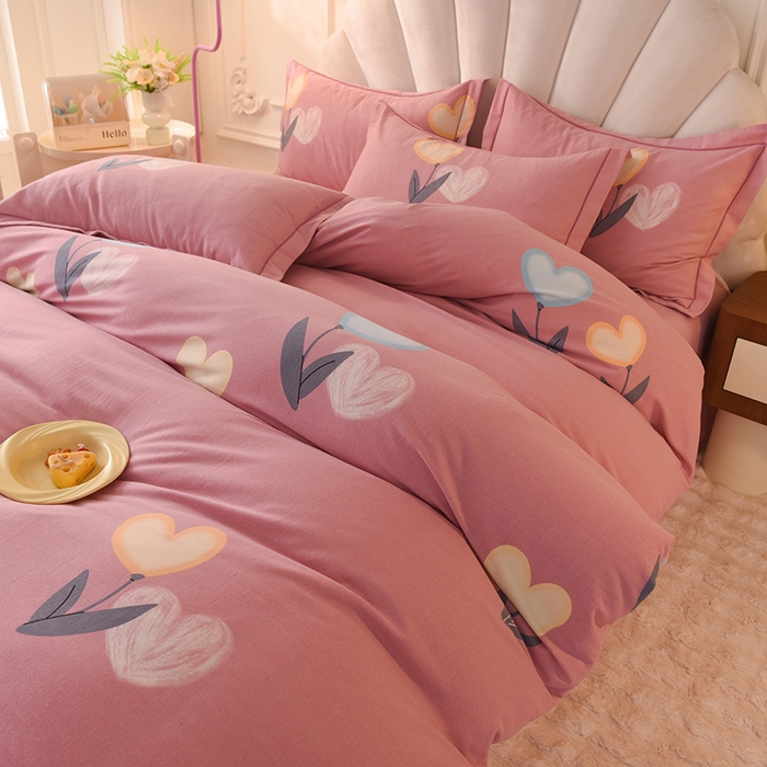 91家纺网 家纺一手货源 找家纺 简如   2025新款全棉磨毛印花四件套 浅影落香-粉