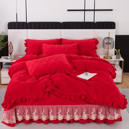木兰花 2023新款宝宝绒婴儿绒纯色保暖加厚牛奶绒蕾丝刺绣夹棉床盖款四件套 丽莎-中国红