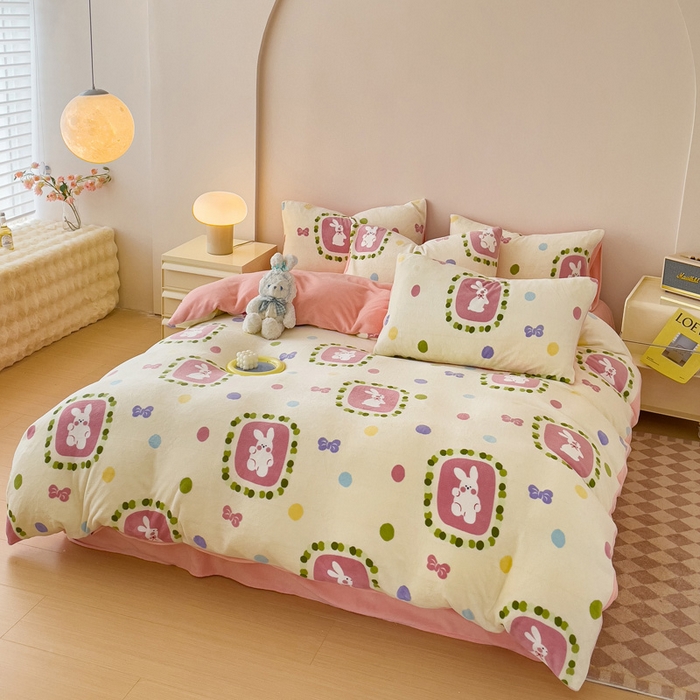 91家纺网 家纺一手货源 找家纺 木堇家居 2023新款牛奶绒印花四件套 波点小兔