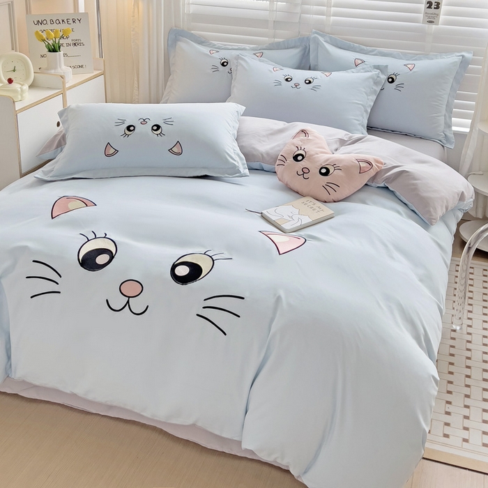 91家纺网 家纺一手货源 找家纺 娜娜 2023新款亲肤柔软水洗磨毛毛巾绣四件套-咪咪猫 咪咪猫-蓝灰