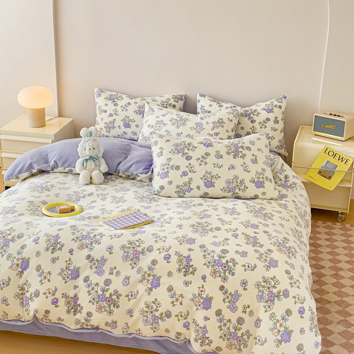 91家纺网 家纺一手货源 找家纺 木堇家居 2023新款牛奶绒印花四件套 紫薇