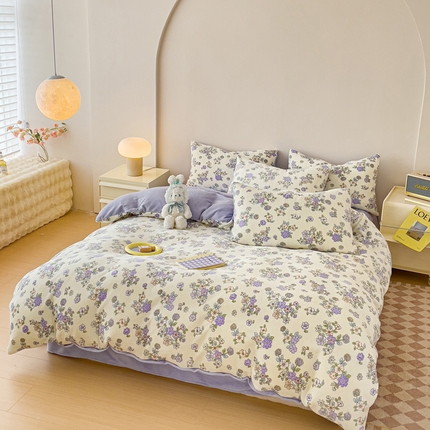 木堇家居 2023新款牛奶绒印花四件套 紫薇