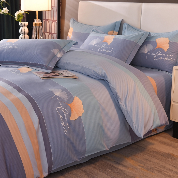 91家纺网 家纺一手货源 找家纺 简如   2025新款全棉磨毛印花四件套 若雨千叶-蓝