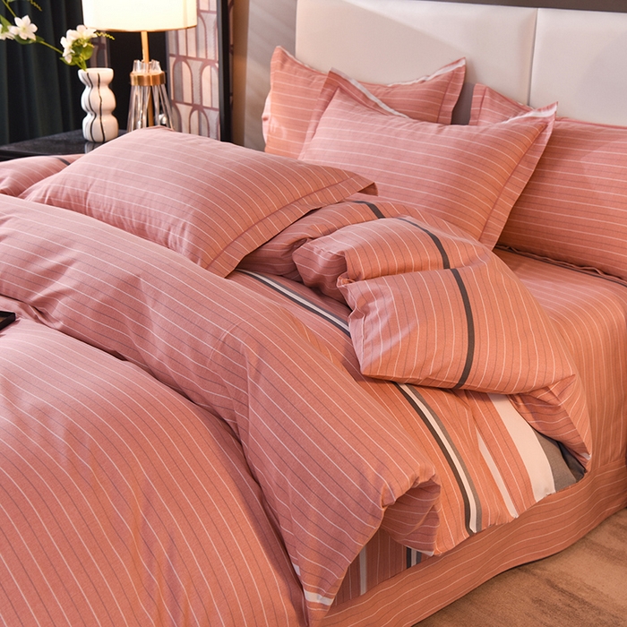 91家纺网 家纺一手货源 找家纺 简如   2025新款全棉磨毛印花四件套 间隔条纹-粉