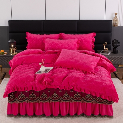 91家纺网 家纺一手货源 找家纺 木兰花 2023新款宝宝绒婴儿绒纯色保暖加厚牛奶绒蕾丝刺绣夹棉床裙款四件套 朵雅-玫瑰红