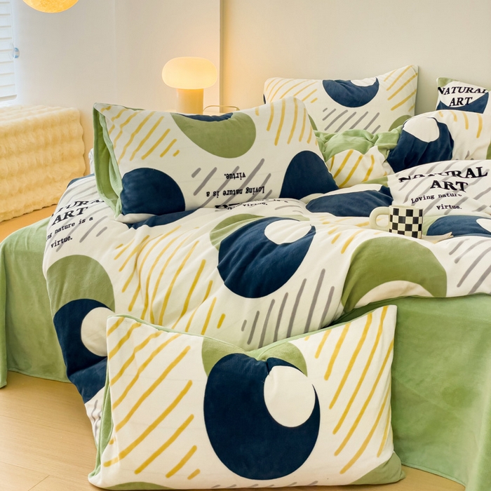 91家纺网 家纺一手货源 找家纺 木堇家居 2023新款牛奶绒印花四件套 极简绿