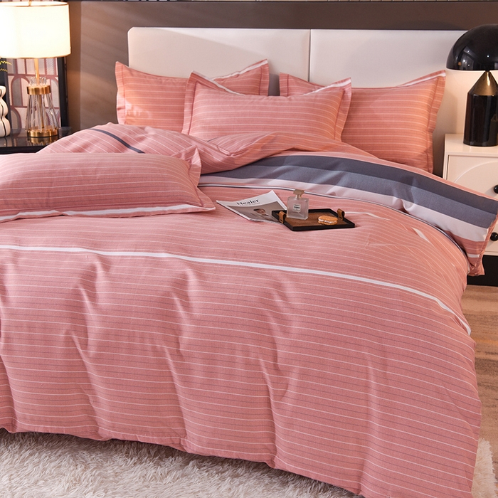 91家纺网 家纺一手货源 找家纺 简如   2025新款全棉磨毛印花四件套 间隔条纹-粉