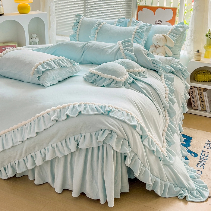 91家纺网 家纺一手货源 找家纺 言熙居 2023直播爆款高克重韩版纯色牛奶绒法莱绒小清新四件套 珍珠-天蓝