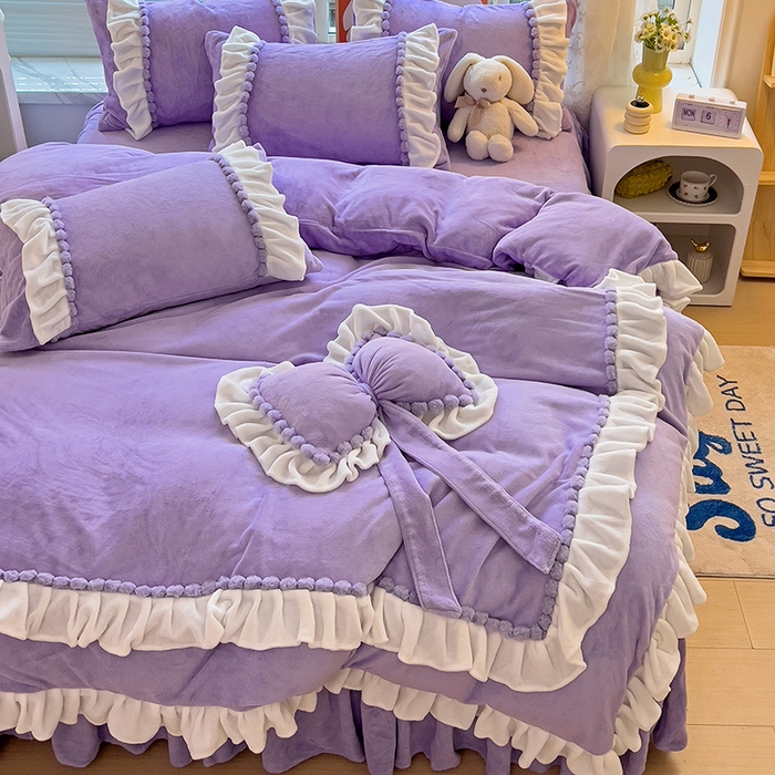 91家纺网 家纺一手货源 找家纺 言熙居 2024直播爆款9斤重高克重韩版纯色牛奶绒法莱绒小清新四件套 珍珠-浪漫紫