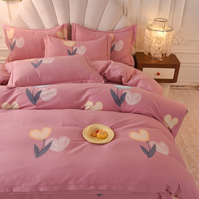 91家纺网 家纺一手货源 找家纺 简如   2025新款全棉磨毛印花四件套 浅影落香-粉