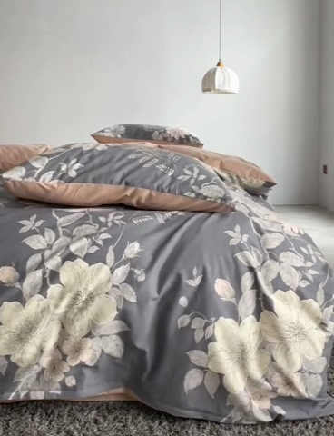 91家纺网 家纺一手货源 找家纺 时年2023新款全棉磨毛印花系列套件-花卉风格 薇甜-灰