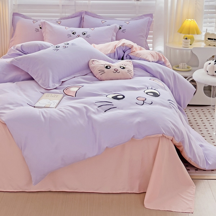 91家纺网 家纺一手货源 找家纺 娜娜 2023新款亲肤柔软水洗磨毛毛巾绣四件套-咪咪猫 咪咪猫-淡紫