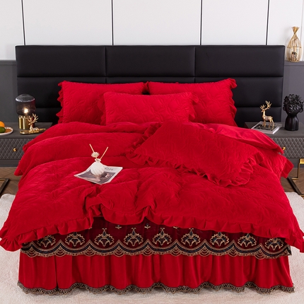 91家纺网 家纺一手货源 找家纺 （总）木兰花 2023新款宝宝绒婴儿绒纯色保暖加厚牛奶绒蕾丝刺绣夹棉床裙款四件套