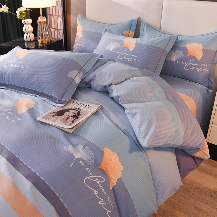 91家纺网 家纺一手货源 找家纺 简如   2025新款全棉磨毛印花四件套 若雨千叶-蓝