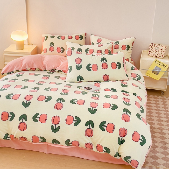 91家纺网 家纺一手货源 找家纺 木堇家居 2023新款牛奶绒印花四件套 粉郁金香