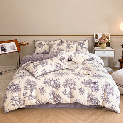 91家纺网 家纺一手货源 找家纺 （总）桃子家居 2023新款ins法式复古赫本碎花山茶花卉加厚牛奶绒系列四件套