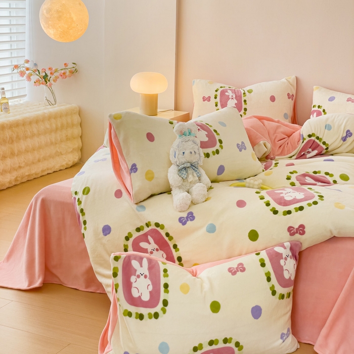 91家纺网 家纺一手货源 找家纺 木堇家居 2023新款牛奶绒印花四件套 波点小兔