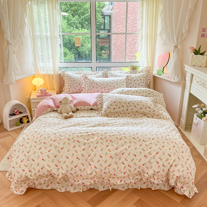 91家纺网 家纺一手货源 找家纺 艾唯希家纺 2024新款全棉韩式花边四件套纯棉公主风田园系列清新郁金香