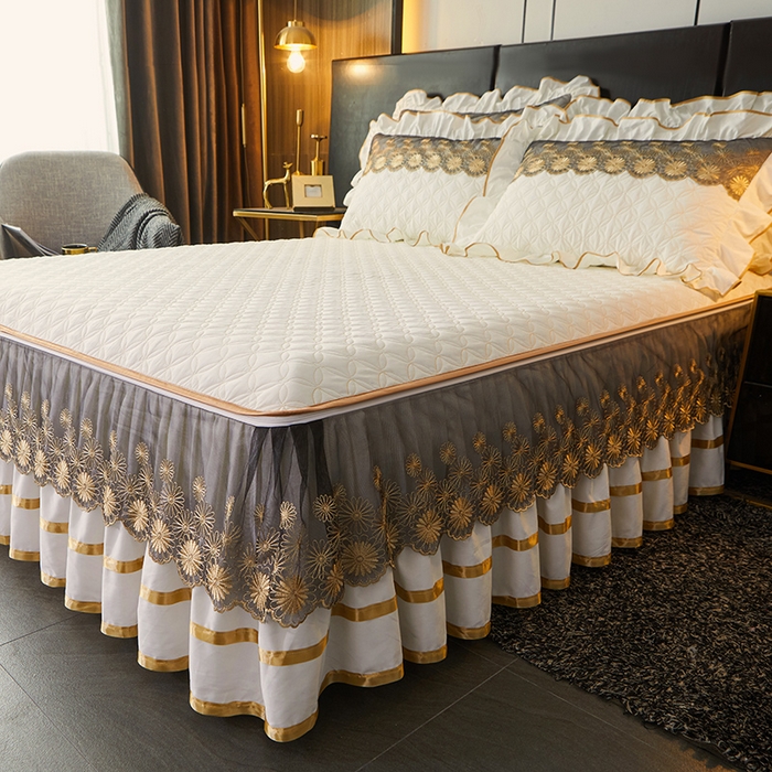 91家纺网 家纺一手货源 找家纺 罗艺轩 2024新款A类蛋白棉夹棉床裙-品味人生 品味人生-珍珠白