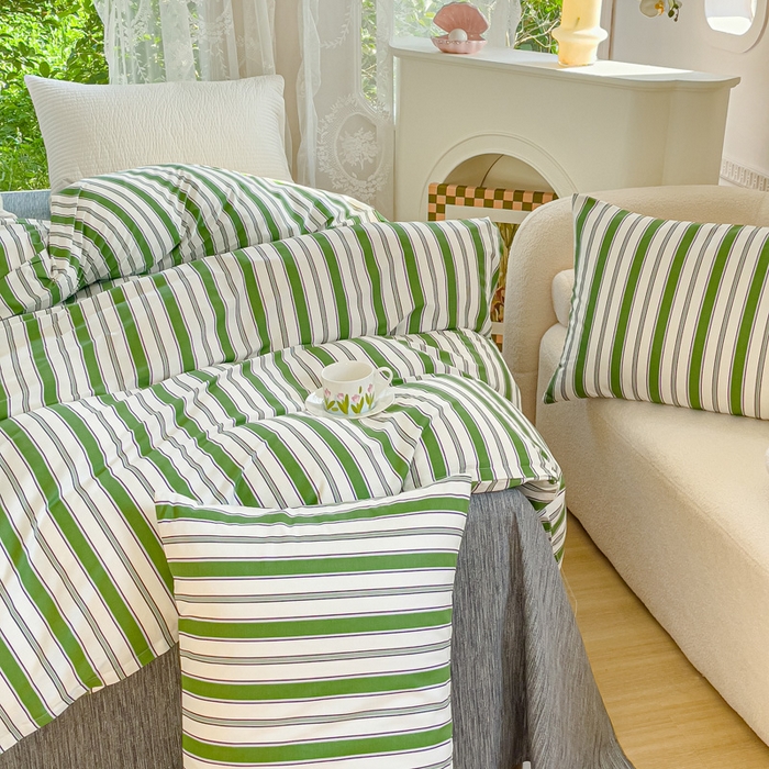 91家纺网 家纺一手货源 找家纺 感遇家纺 2023新款全棉印花四件套 绿条纹