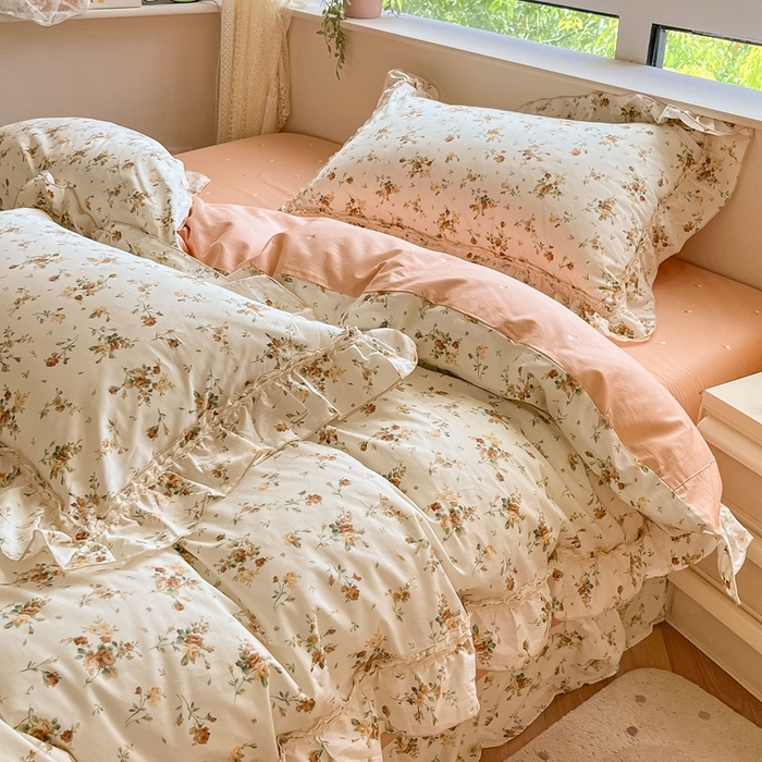 91家纺网 家纺一手货源 找家纺 艾唯希家纺 2024新款全棉韩式花边四件套纯棉公主风田园系列 浅安